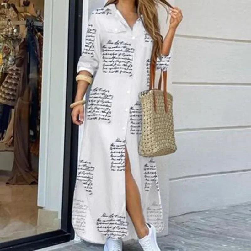 Women Long Sleeve Shirt Dress Spring Single Breasted Button Party Female Maxi - MAXIME