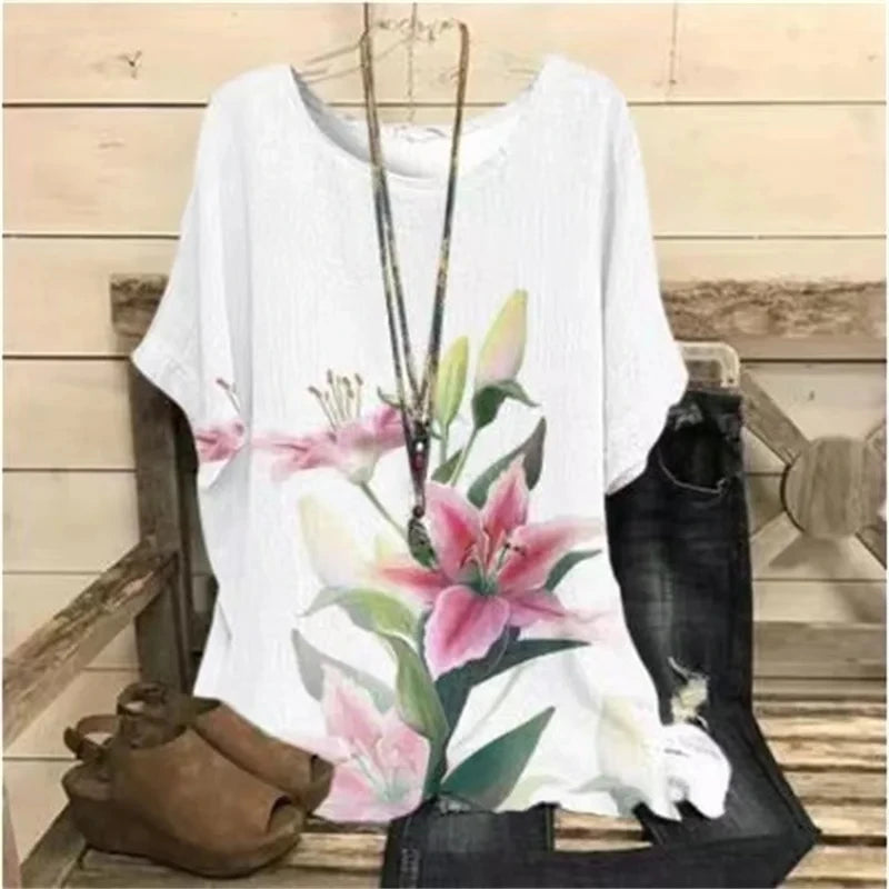 Women T-Shirt O-Neck Casual Short Sleeve Flowers - MAXIME