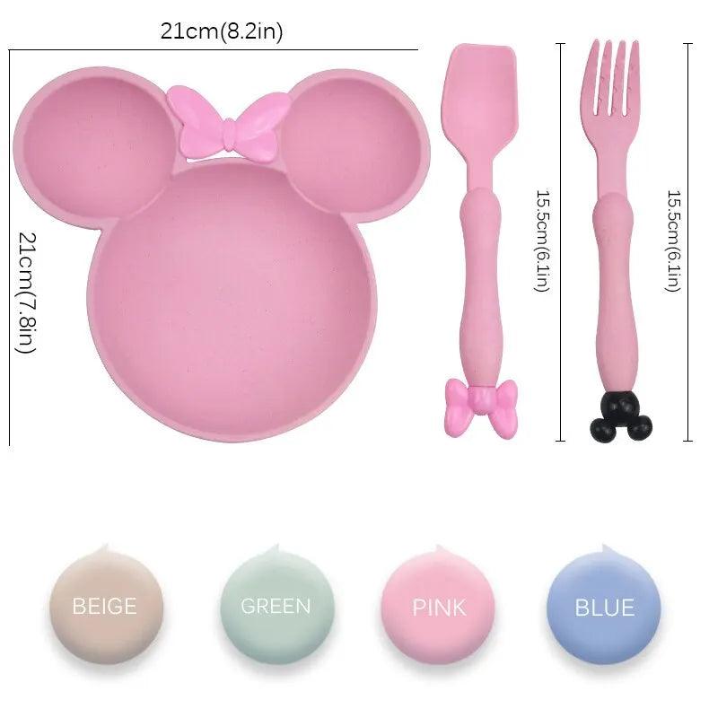 Maxime 3Pcs/set Cartoon Baby Bowl Tableware Set Wheat Straw Children's Dishes Kids Dinner Feeding Plate Bowknot Food Plate Spoon Fork - MAXIME