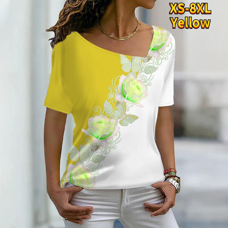 Women's Floral Painting T Shirt Rose Floral Print V Neck Basic Tops Short Sleeve T-shirt XS-8XL/3D Printing - MAXIME