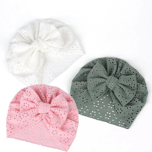 Maxime 3 Pcs Headdress Fetal Cap White Green Pink Children Baby Solid Color Breathable Hollow Out Porous Bow Fetal Cap - MAXIME