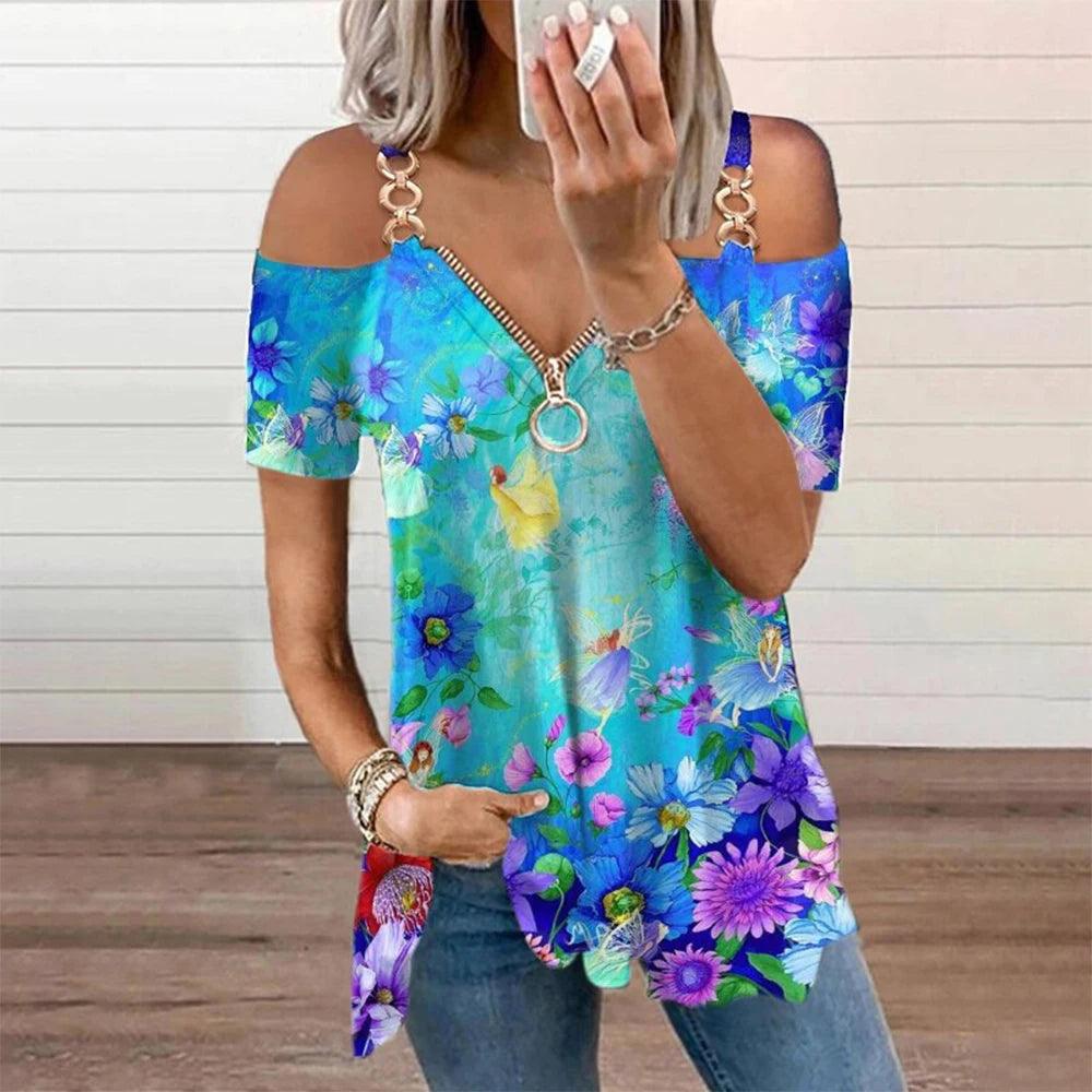 Womens V Neck Chain T-Shirt Cold Shoulder Summer Blouse - MAXIME