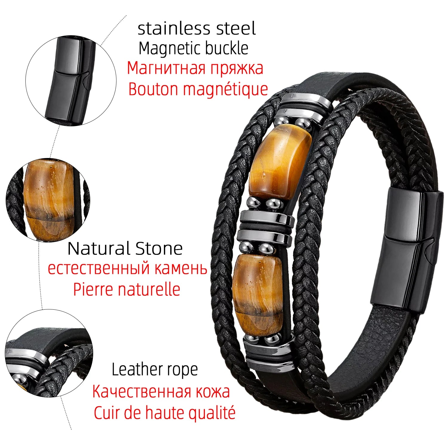 Tiger Eye Stone Bracelet For Men Simple Stainless Steel Jewelry Accessories - MAXIME