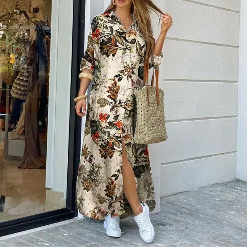 Women Long Sleeve Shirt Dress Spring Single Breasted Button Party Female Maxi - MAXIME