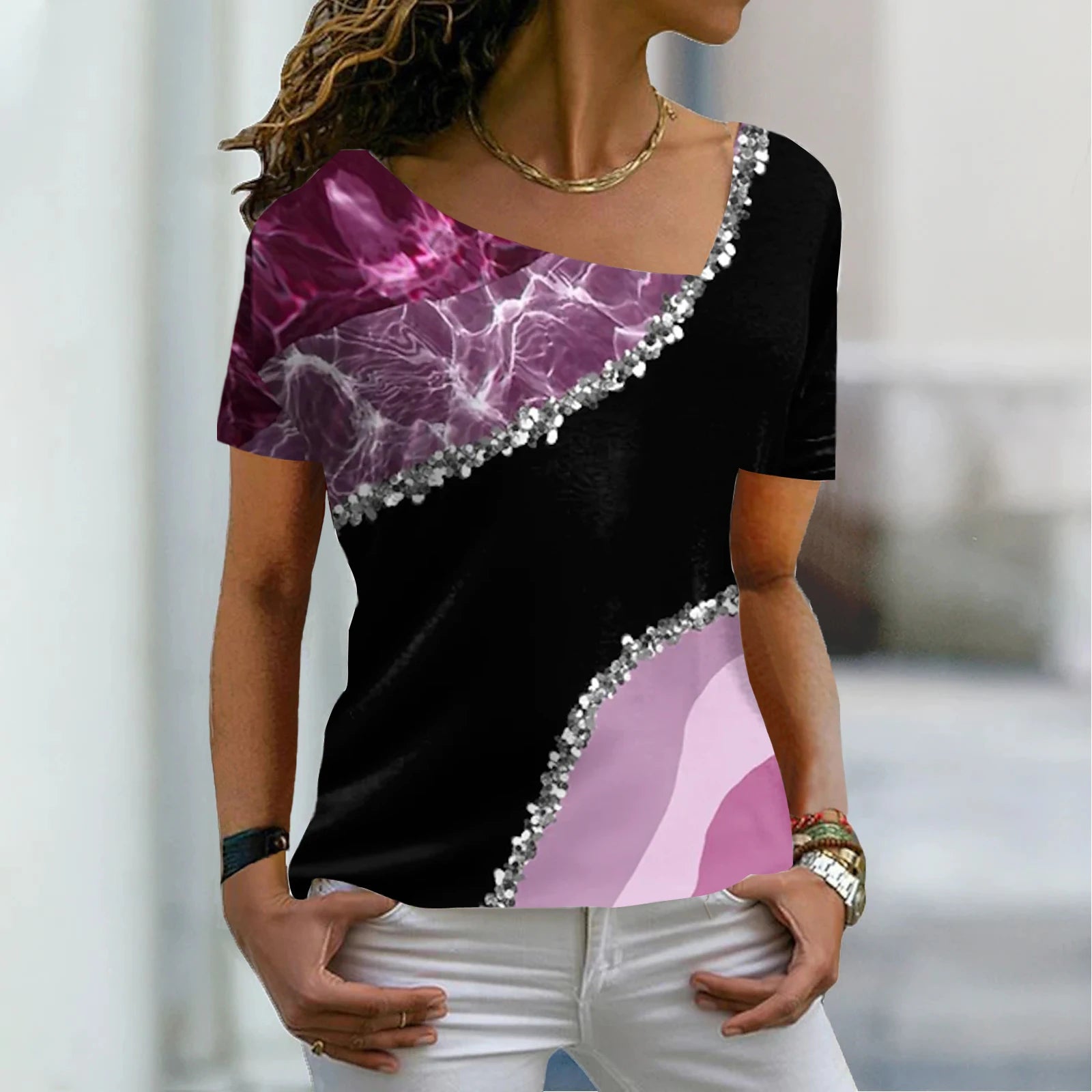 Women's Sleeve T Shirt V Neck Basic Shirt Top Summer XS-8XL - MAXIME