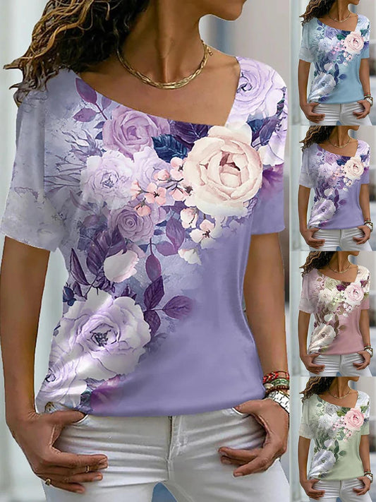 Women's Floral Painting T Shirt Rose Floral Print V Neck Basic Tops Short Sleeve T-shirt XS-8XL/3D Printing - MAXIME