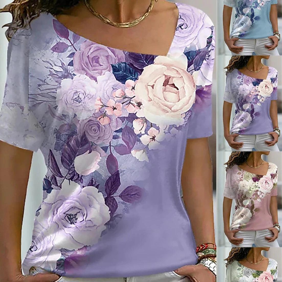 T Shirt Rose Floral Print V Neck Basic Tops Short Sleeve T-shirt XS-8XL/3D Printing - MAXIME