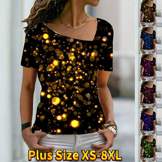 Women's Fashion New Glitter Print Themed Short Sleeve T Shirt V Neck Basic Shirt Top Summer XS-8XL/3D Printing - MAXIME