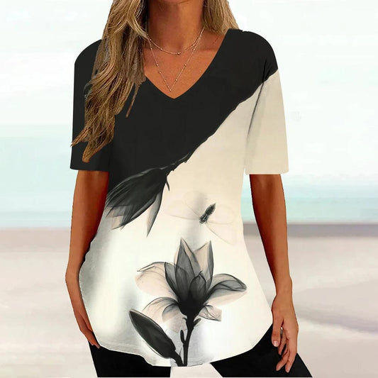 New Floral Summer V-neck Ladies Loose Short Sleeve Tops Female Casual Blouse - MAXIME