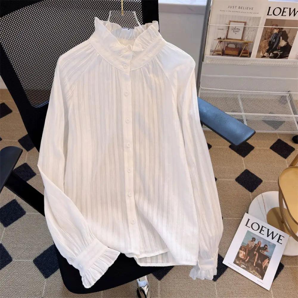 Women's White Long Sleeve Lotus Leaf Collar Casual Shirt - MAXIME