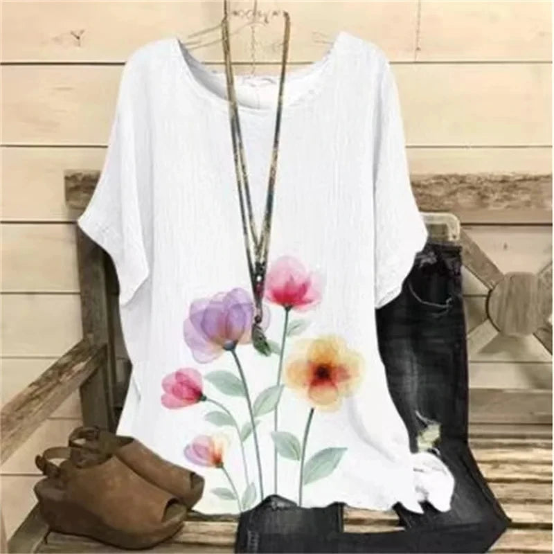 Women T-Shirt O-Neck Casual Short Sleeve Flowers - MAXIME