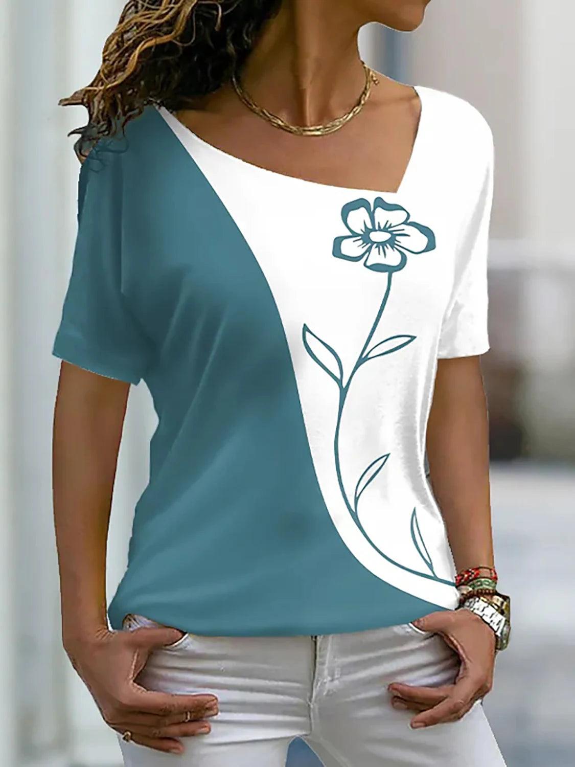 Women's Floral V Neck Basic Tops Short Sleeve T-shirt XS-8XL/3D Printing - MAXIME