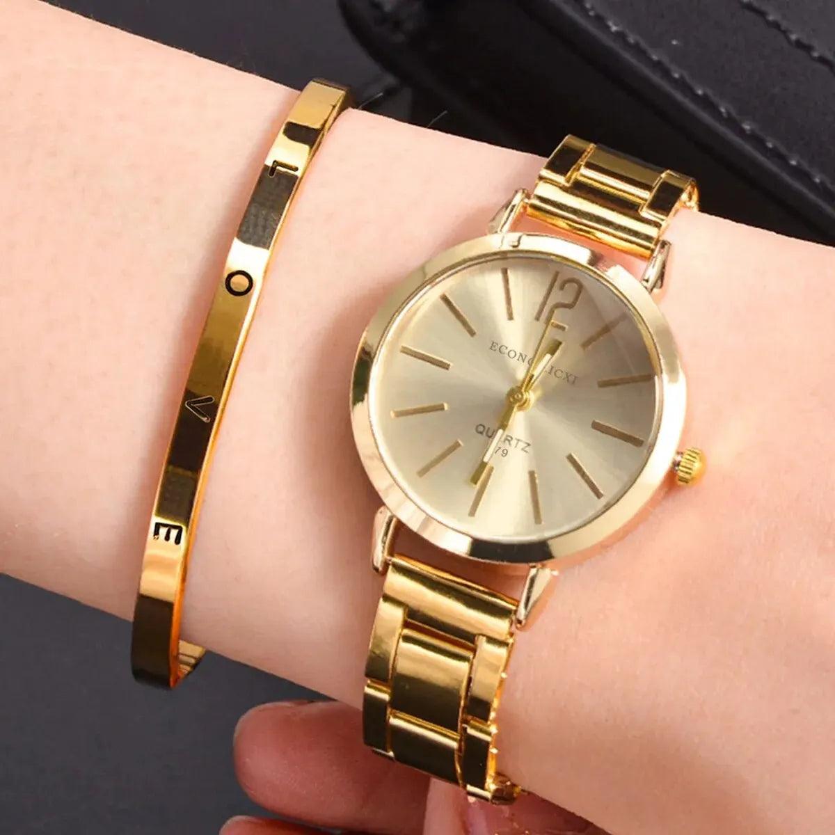 Maxime 2pcs Set Watch Luxury Women Simple Dial Hollow Strap Fashion Gold Bracelet Quartz Wristwatch Student Ladies Watches Reloj Mujer - MAXIME