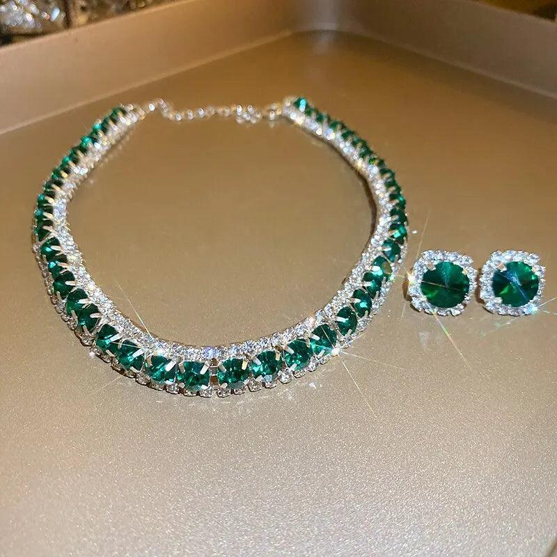 Maxime Luxury Green Rhinestone Necklace Stud Earrings For Women Crystal Choker Necklaces Ladies Fashion Weddings Banquet Jewelry Set - MAXIME