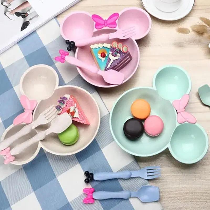 Maxime 3Pcs/set Cartoon Baby Bowl Tableware Set Wheat Straw Children's Dishes Kids Dinner Feeding Plate Bowknot Food Plate Spoon Fork - MAXIME