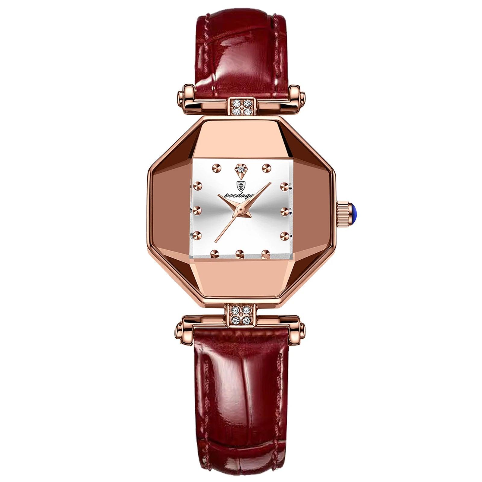 Luxury Quartz Watch Girl's Elegant Fashion Red Dial Waterproof Ladies Leather Watches - MAXIME