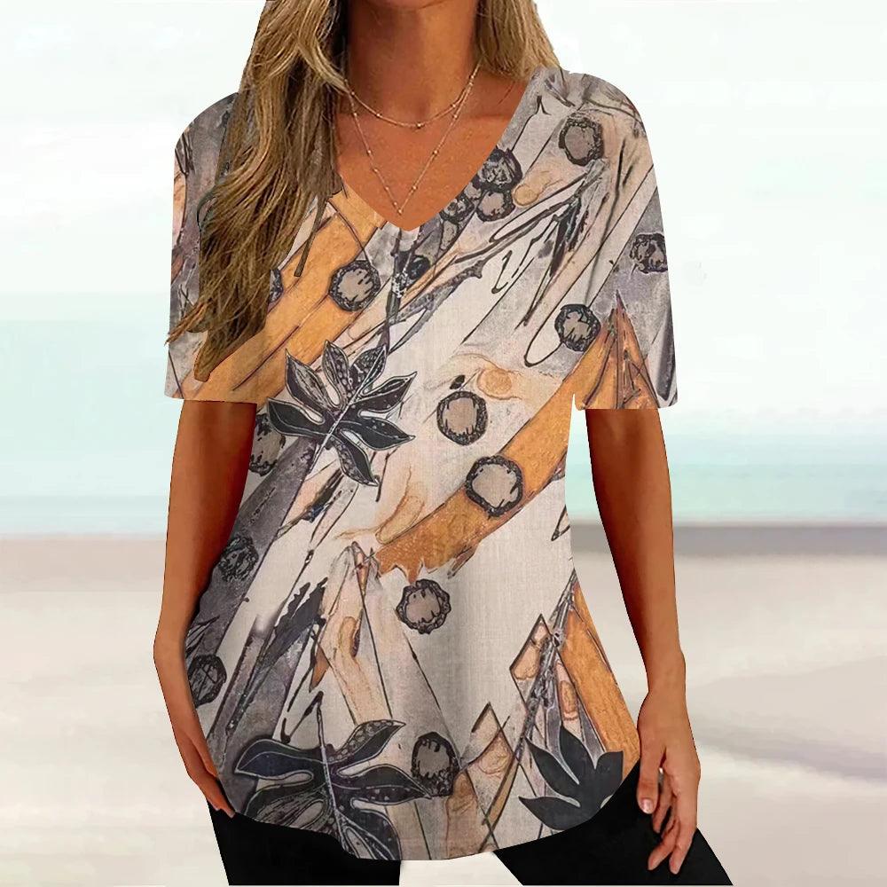 New Floral Summer V-neck Ladies Loose Short Sleeve Tops Female Casual Blouse - MAXIME