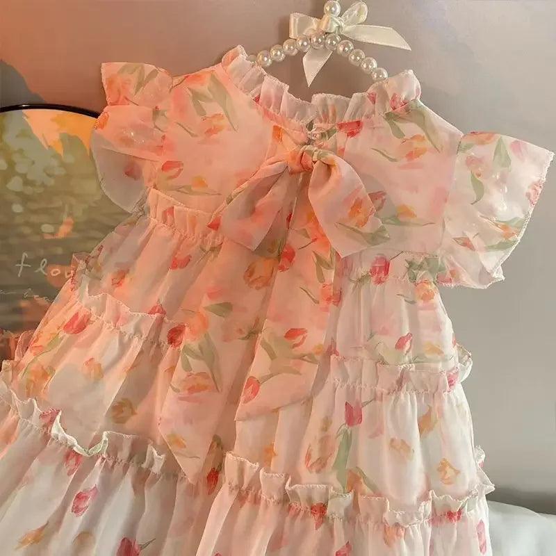 Children Girls Sleeveless Dress Summer Dress 2023 New Baby Super Fairy Floral Chiffon Girl Princess Dress - MAXIME