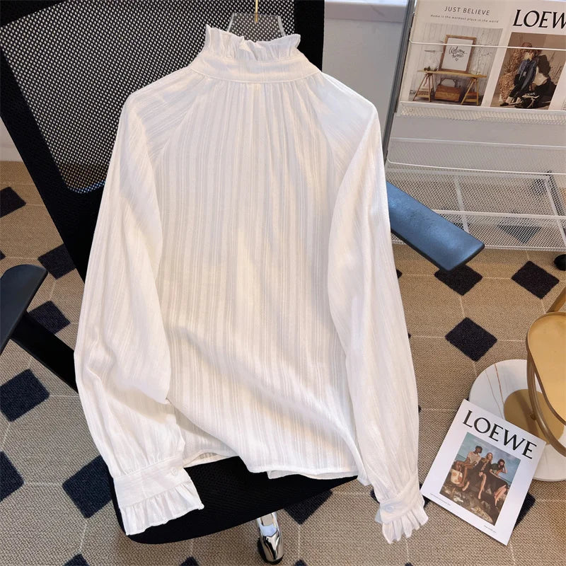 Women's White Long Sleeve Lotus Leaf Collar Casual Shirt - MAXIME