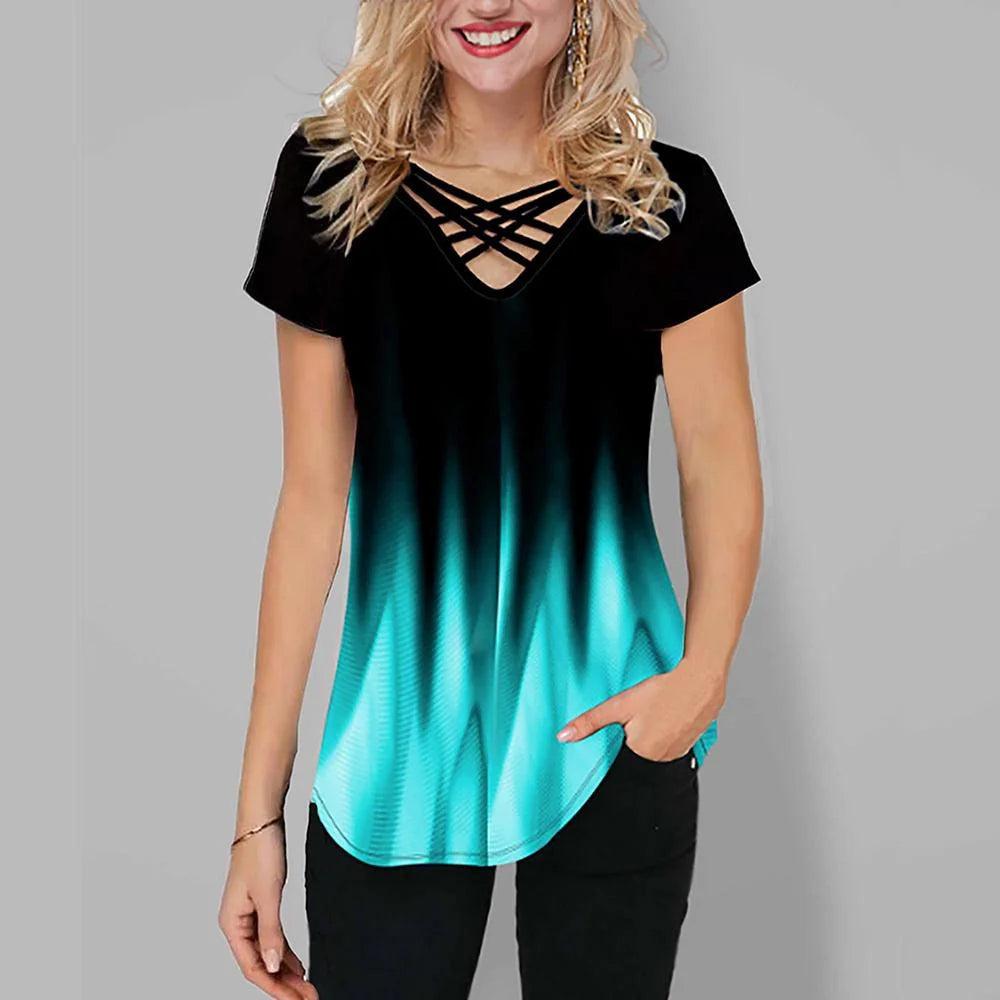 Womens Short Sleeve Blouse Printed Gradient V Neck Cross Strap - MAXIME