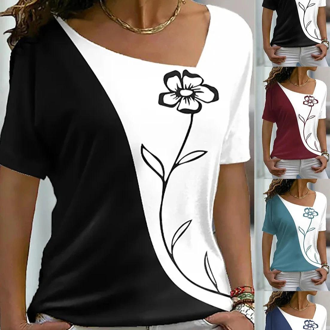 Women's Floral V Neck Basic Tops Short Sleeve T-shirt XS-8XL/3D Printing - MAXIME