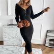 V Neck Vintage Solid Slim Dress Elegant Knitted Zipper Bodycon - MAXIME