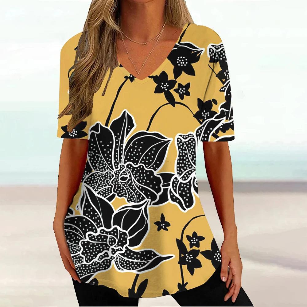 New Floral Summer V-neck Ladies Loose Short Sleeve Tops Female Casual Blouse - MAXIME