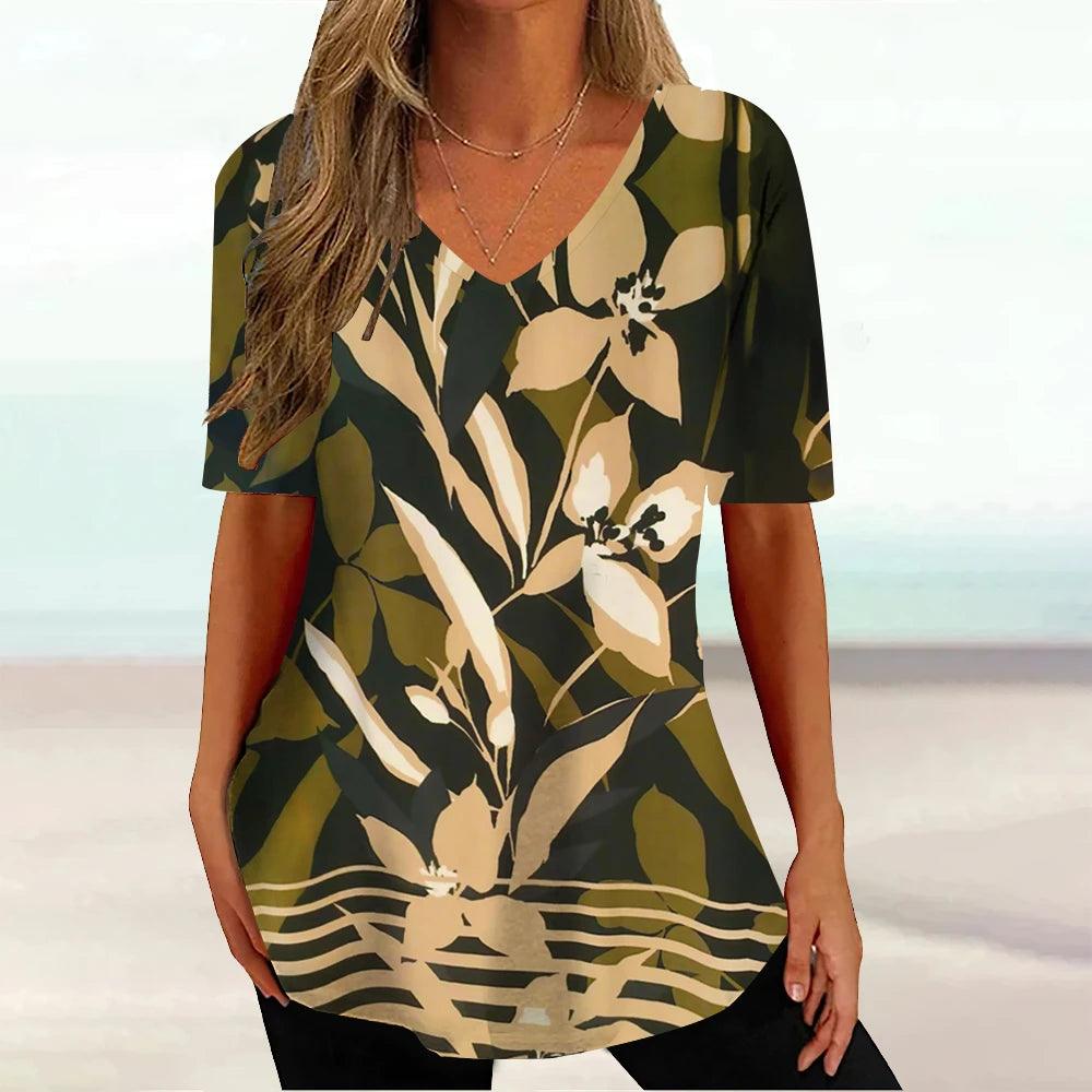 New Floral Summer V-neck Ladies Loose Short Sleeve Tops Female Casual Blouse - MAXIME