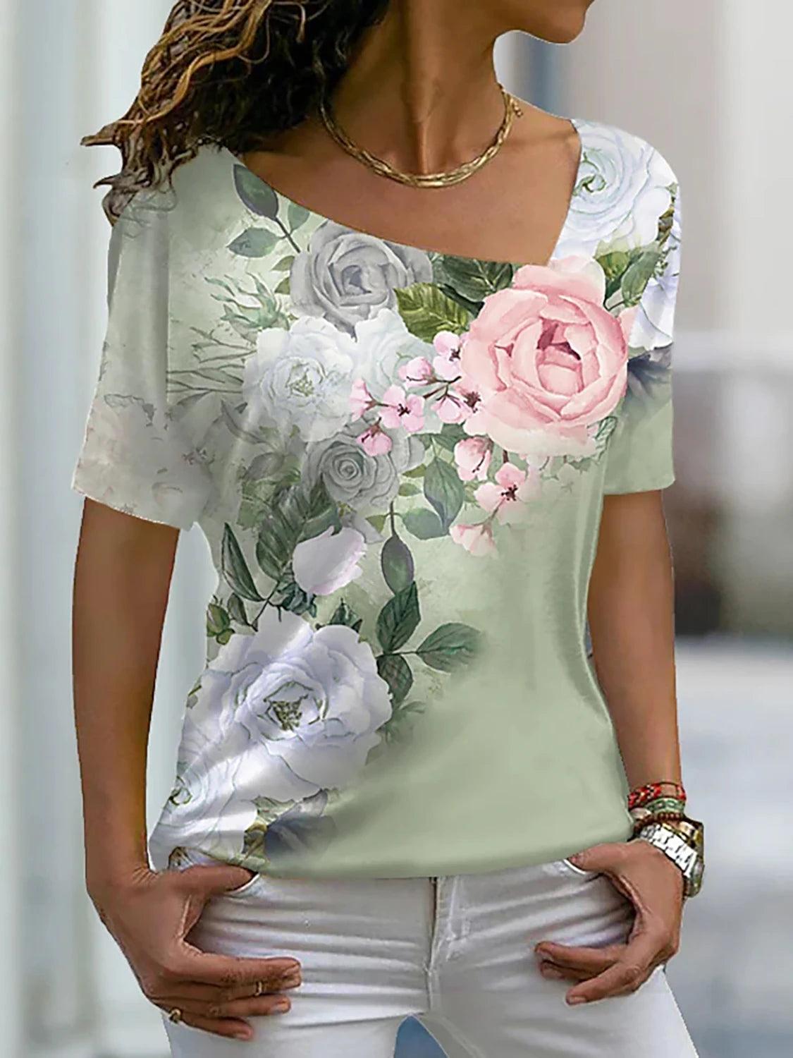 Women's Floral Painting T Shirt Rose Floral Print V Neck Basic Tops Short Sleeve T-shirt XS-8XL/3D Printing - MAXIME