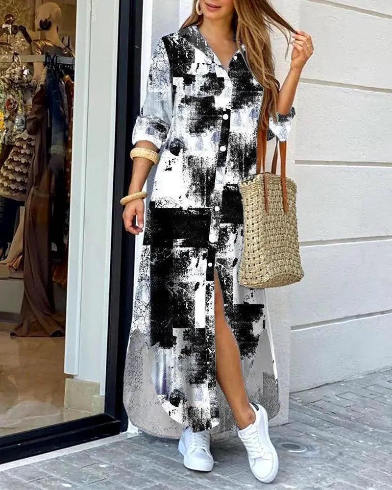 Women Long Sleeve Shirt Dress Spring Single Breasted Button Party Female Maxi - MAXIME