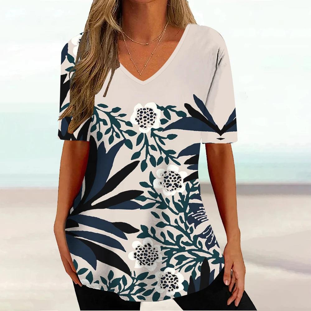 New Floral Summer V-neck Ladies Loose Short Sleeve Tops Female Casual Blouse - MAXIME