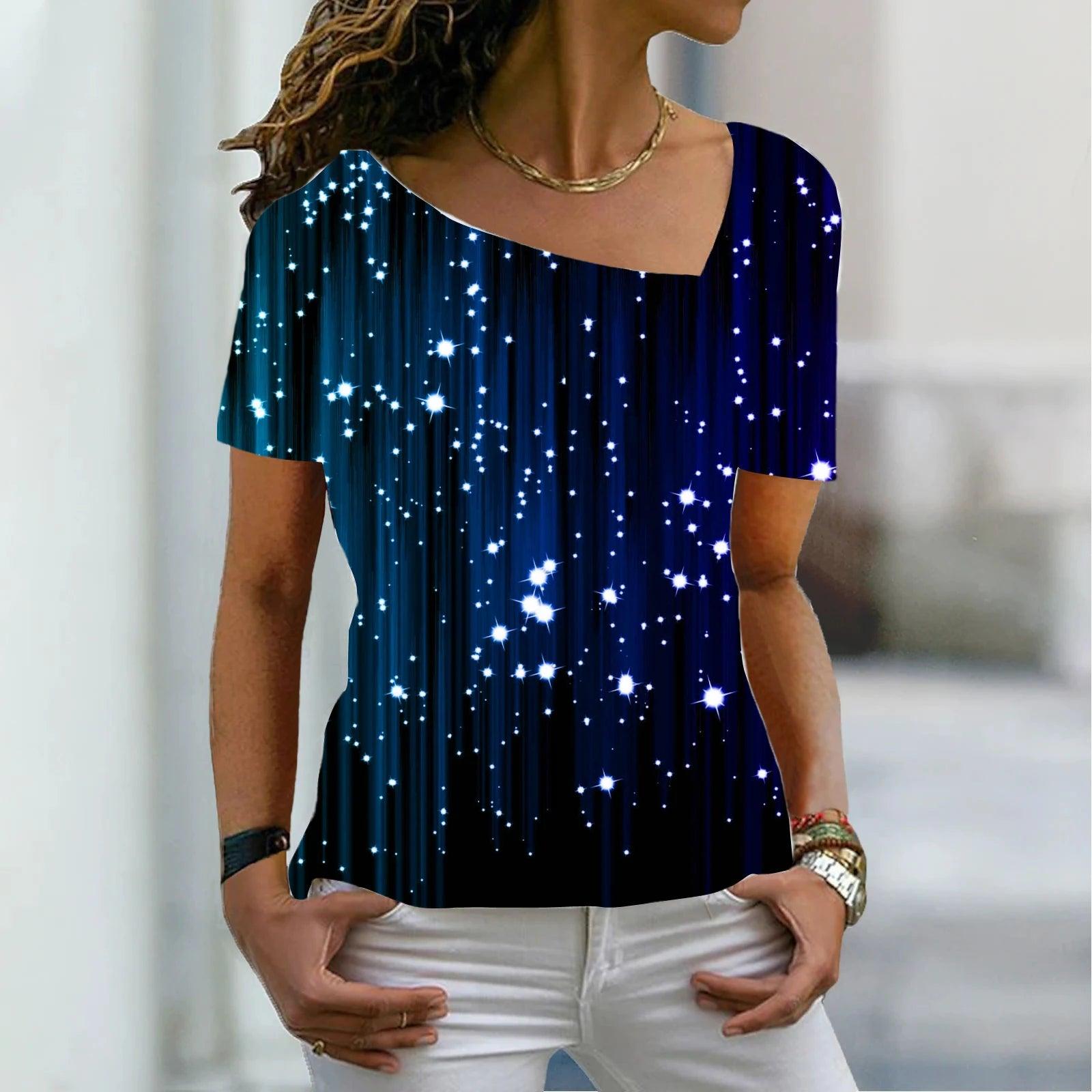 New Glitter Bright Diamond Print Theme Short Sleeve T-Shirt V-Neck Basic Shirt Top Summer XS-8XL - MAXIME