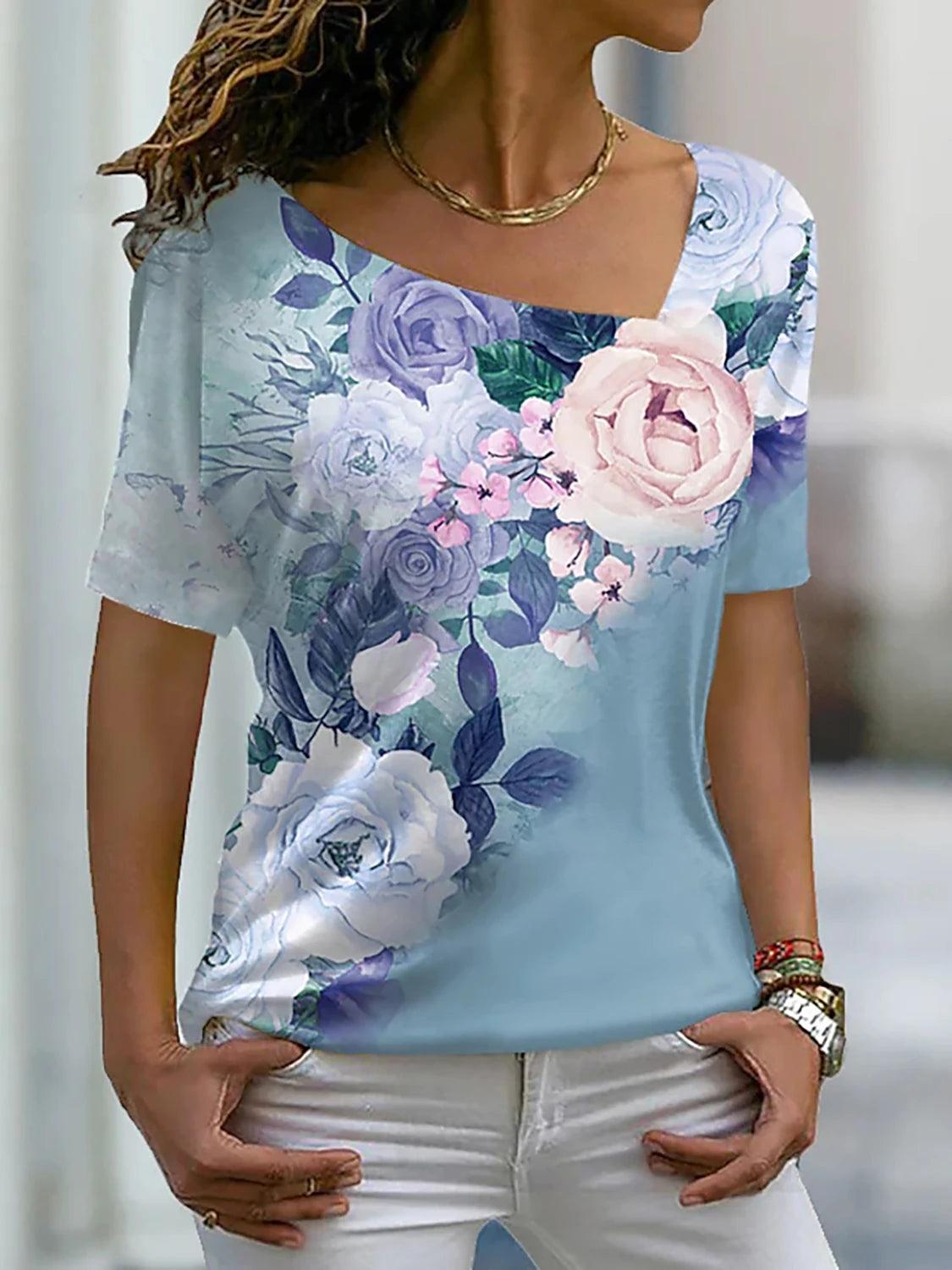 Women's Floral Painting T Shirt Rose Floral Print V Neck Basic Tops Short Sleeve T-shirt XS-8XL/3D Printing - MAXIME