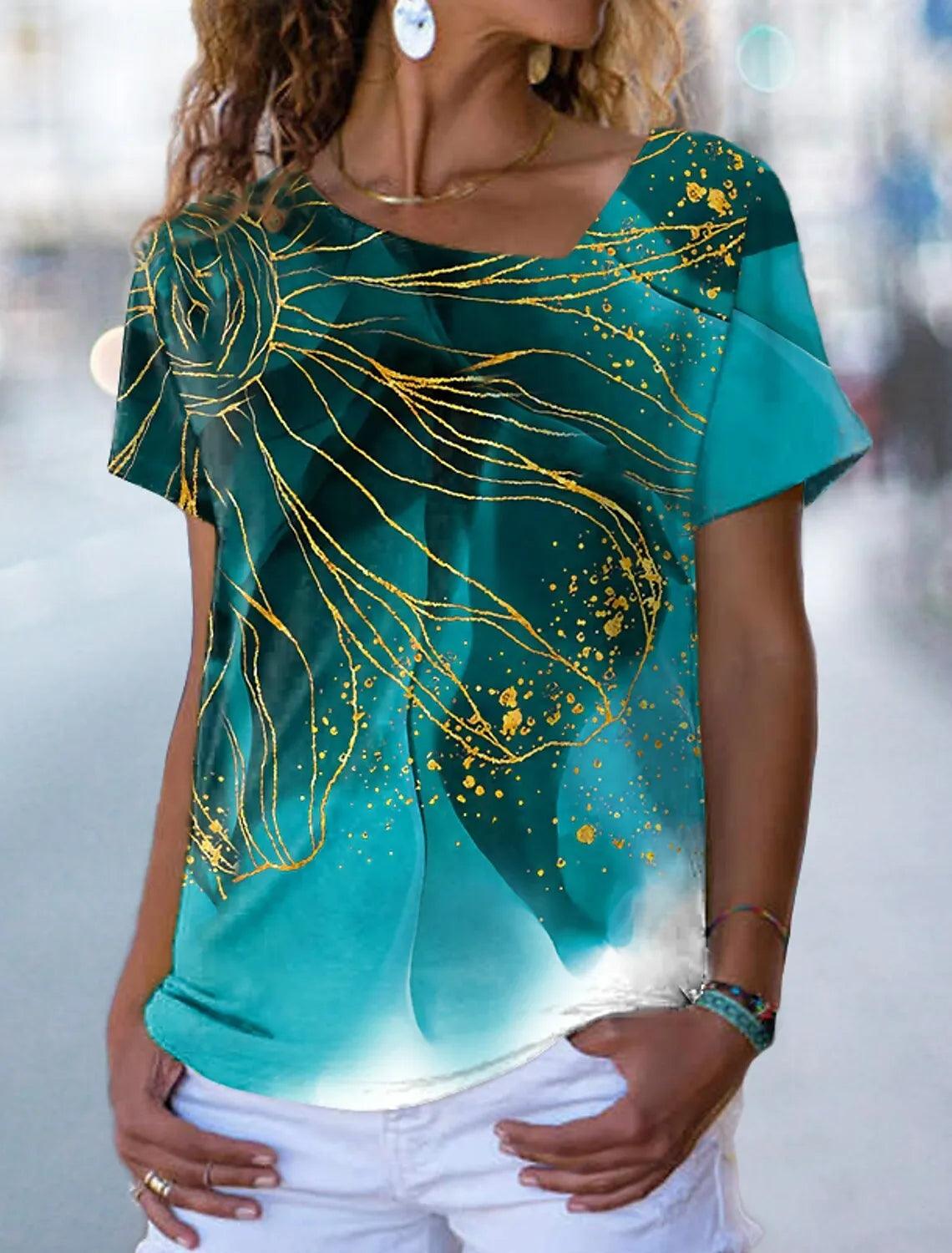 Women's Floral V Neck Basic Tops Short Sleeve T-shirt XS-8XL/3D Printing - MAXIME