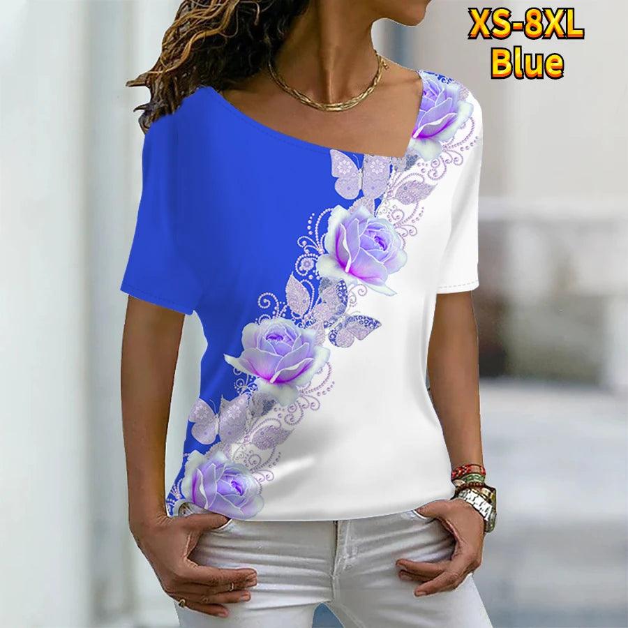 Women's Floral Painting T Shirt Rose Floral Print V Neck Basic Tops Short Sleeve T-shirt XS-8XL/3D Printing - MAXIME