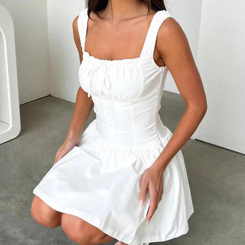 Elegant Square Neck Waist Mini Dresses - MAXIME