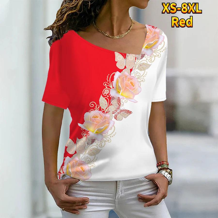 Women's Floral Painting T Shirt Rose Floral Print V Neck Basic Tops Short Sleeve T-shirt XS-8XL/3D Printing - MAXIME