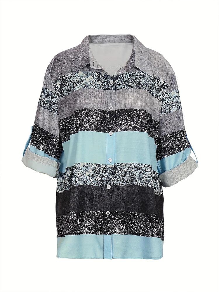 Women's Loose Sleeve Top, Striped Colorblock Shirt Larger Size Single Row Buttons - MAXIME