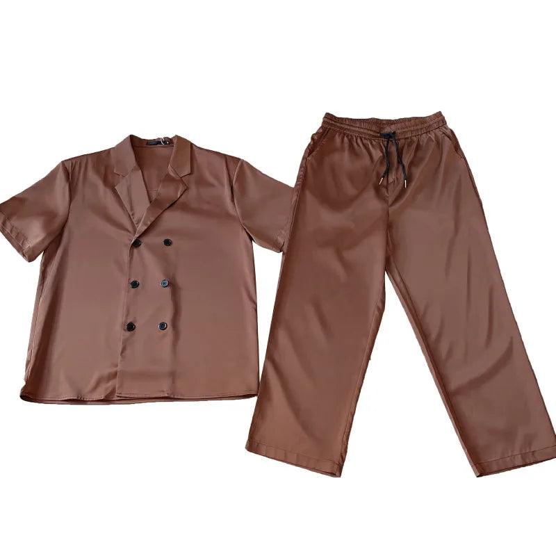 Double Breasted Short Sleeve Shirt/Trousers Two Piece Set - MAXIME