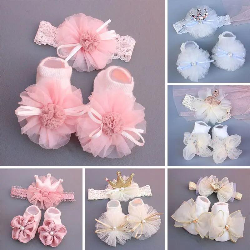 Maxime 2 Pcs/Set Crown Baby Headband Socks Lace Bows Newborn Infant Girl Socks Hairband Set Kids Hair Accessories - MAXIME