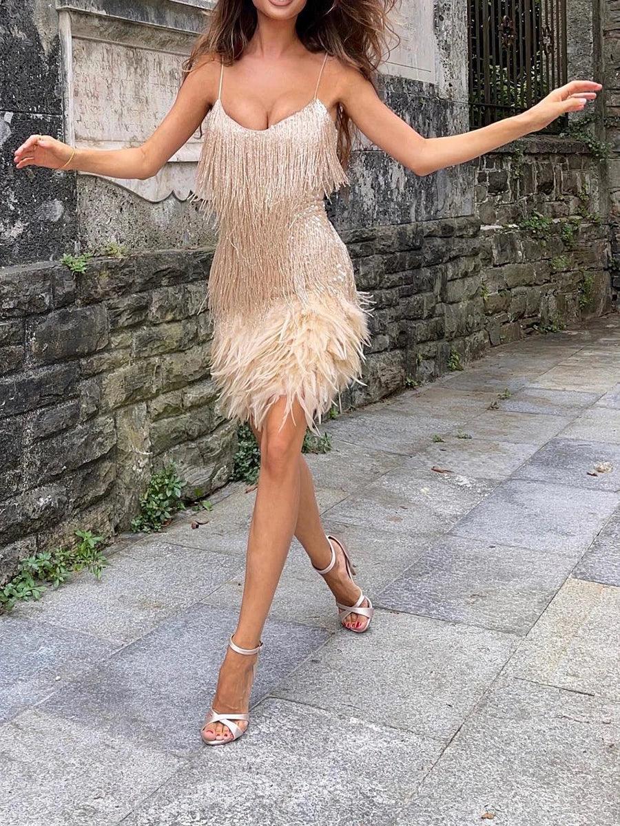 Luxury V Neck Tassels Feather Short Dress - MAXIME