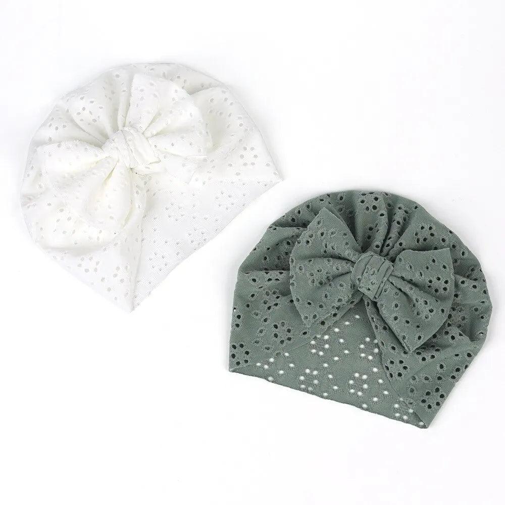 Maxime 3 Pcs Headdress Fetal Cap White Green Pink Children Baby Solid Color Breathable Hollow Out Porous Bow Fetal Cap - MAXIME