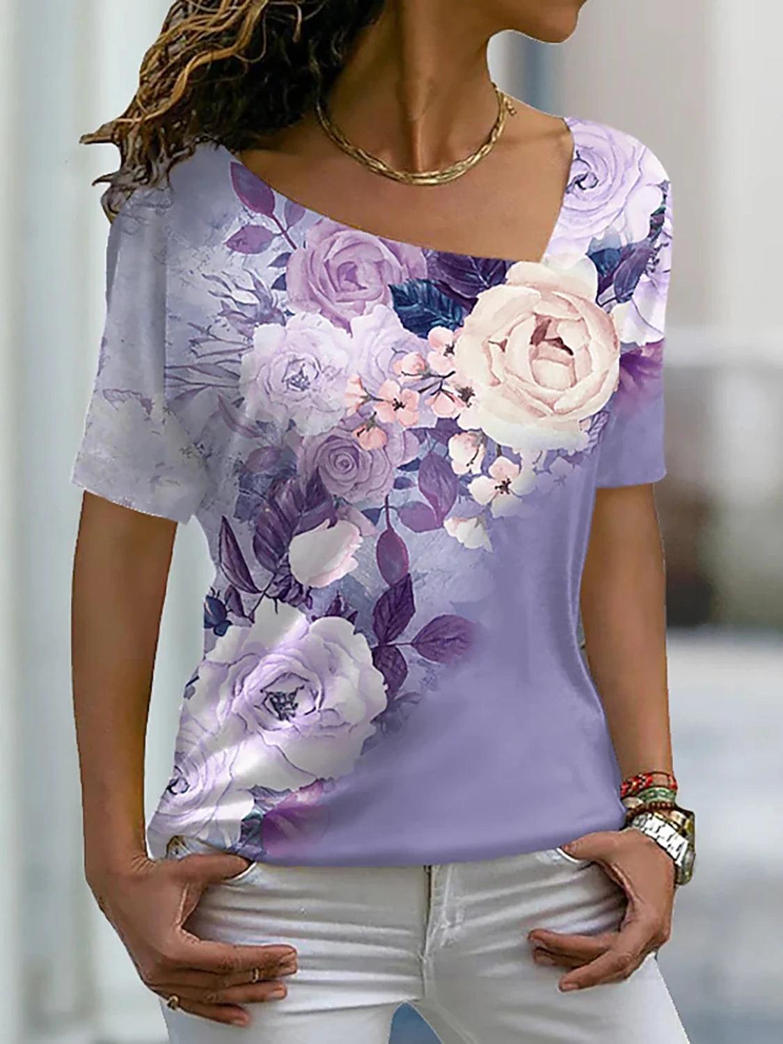 T Shirt Rose Floral Print V Neck Basic Tops Short Sleeve T-shirt XS-8XL/3D Printing - MAXIME