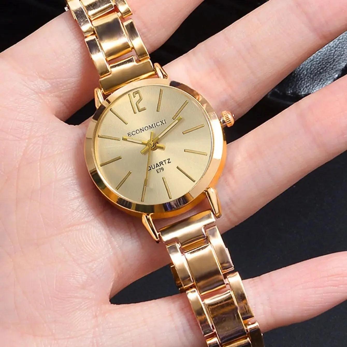 Maxime 2pcs Set Watch Luxury Women Simple Dial Hollow Strap Fashion Gold Bracelet Quartz Wristwatch Student Ladies Watches Reloj Mujer - MAXIME