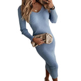 Women Elastic Bodycon Long Sleeve V Neck Midi Casual Pencil Vestidos - MAXIME