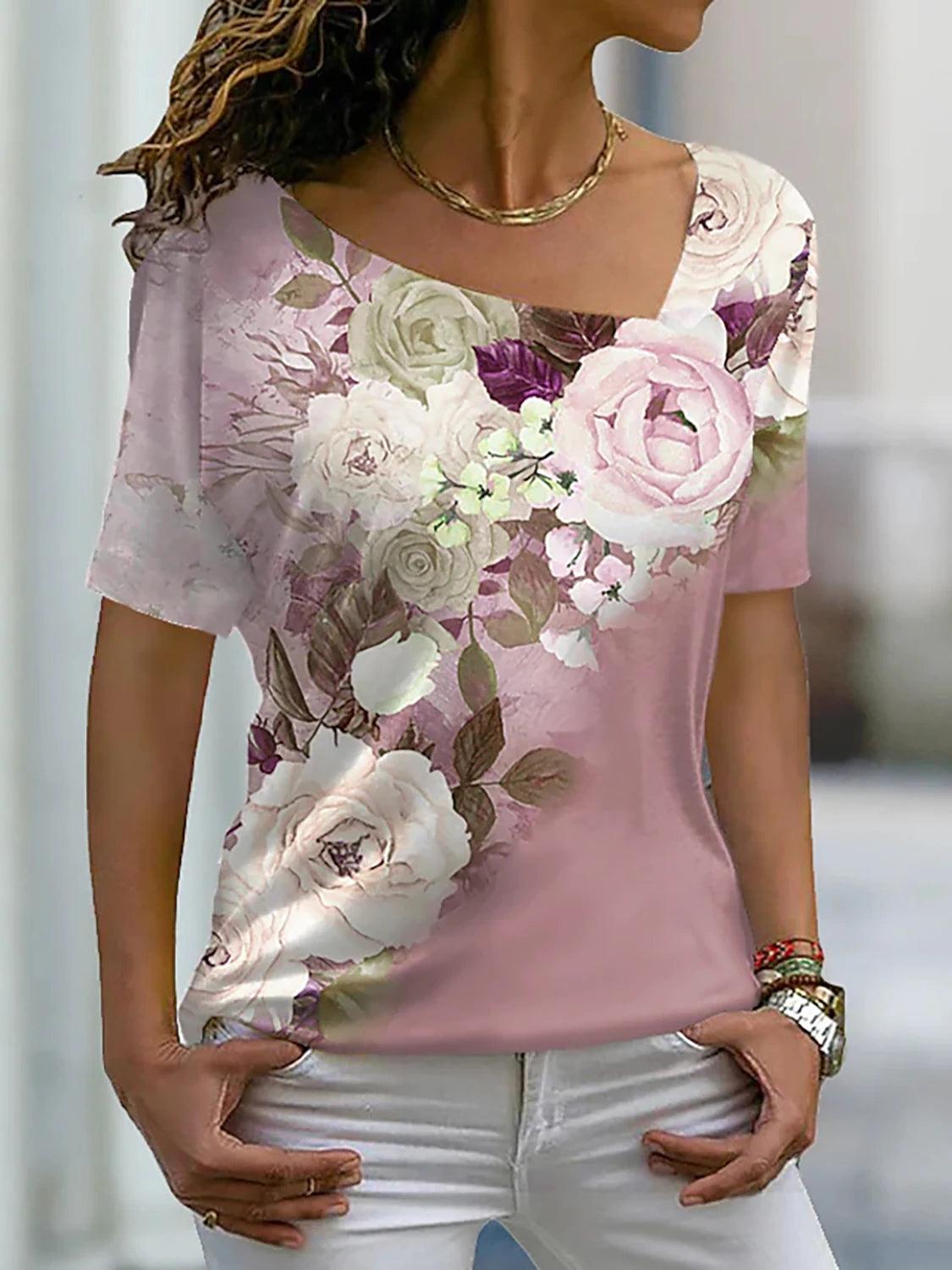 T Shirt Rose Floral Print V Neck Basic Tops Short Sleeve T-shirt XS-8XL/3D Printing - MAXIME