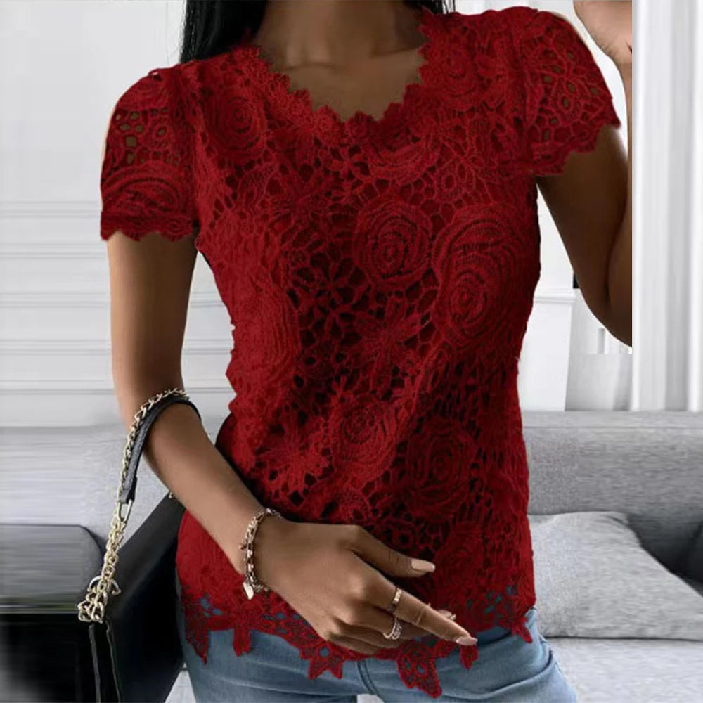 Women Fashion Lace Round Neck Tops T-Shirt Ladies Summer Casual Short Sleeve Blouse - MAXIME