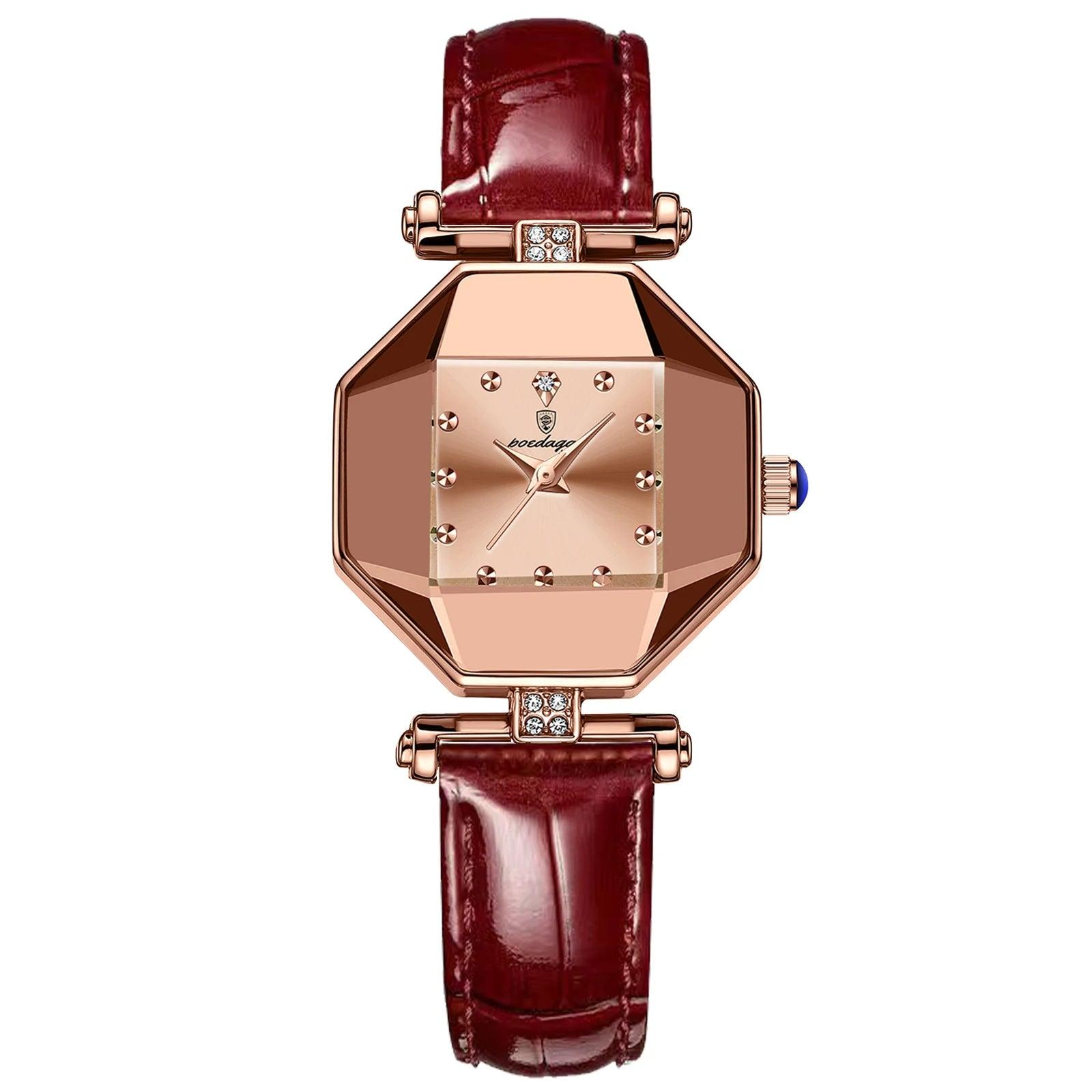 Luxury Quartz Watch Girl's Elegant Fashion Red Dial Waterproof Ladies Leather Watches - MAXIME