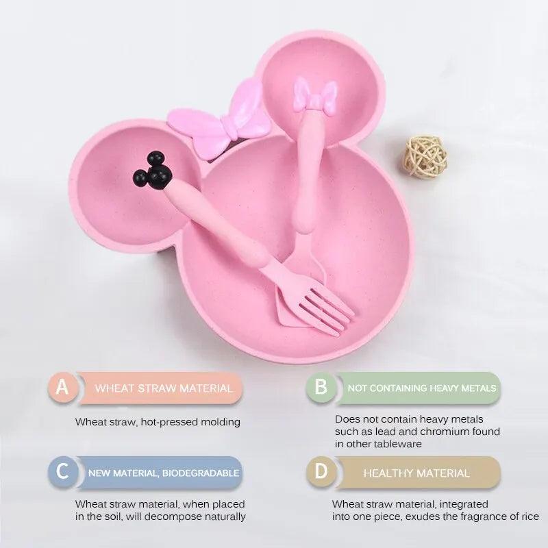 Maxime 3Pcs/set Cartoon Baby Bowl Tableware Set Wheat Straw Children's Dishes Kids Dinner Feeding Plate Bowknot Food Plate Spoon Fork - MAXIME