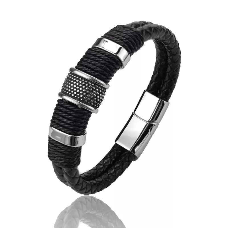 Leather Men Bracelet Stone Bead Bracelet Stainless Steel Jewelry Male Wrist Bangle Gift - MAXIME